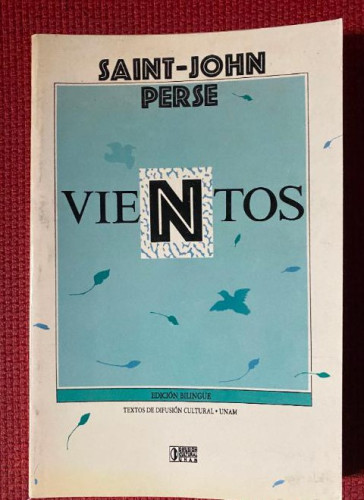 Portada del libro de VIENTOS. SAINT-JOHN PERSE. EDICION BILINGUE ESPAÑOL-FRANCES. TEXTOS DE DIFUSION CULTURAL UNAM.